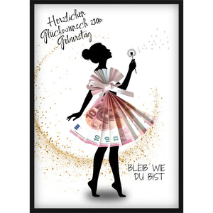Geldgeschenk zum Geburtstag | Frau-Silhouette mit Pusteblume