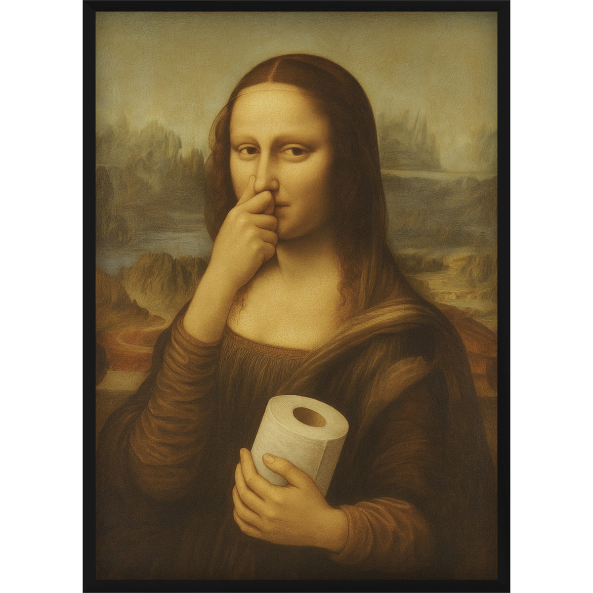 Witziges Badezimmer-Poster – Mona Lisa hält sich die Nase zu und hält Klopapier – Humorvolle Deko fürs Gäste-WC oder Bad