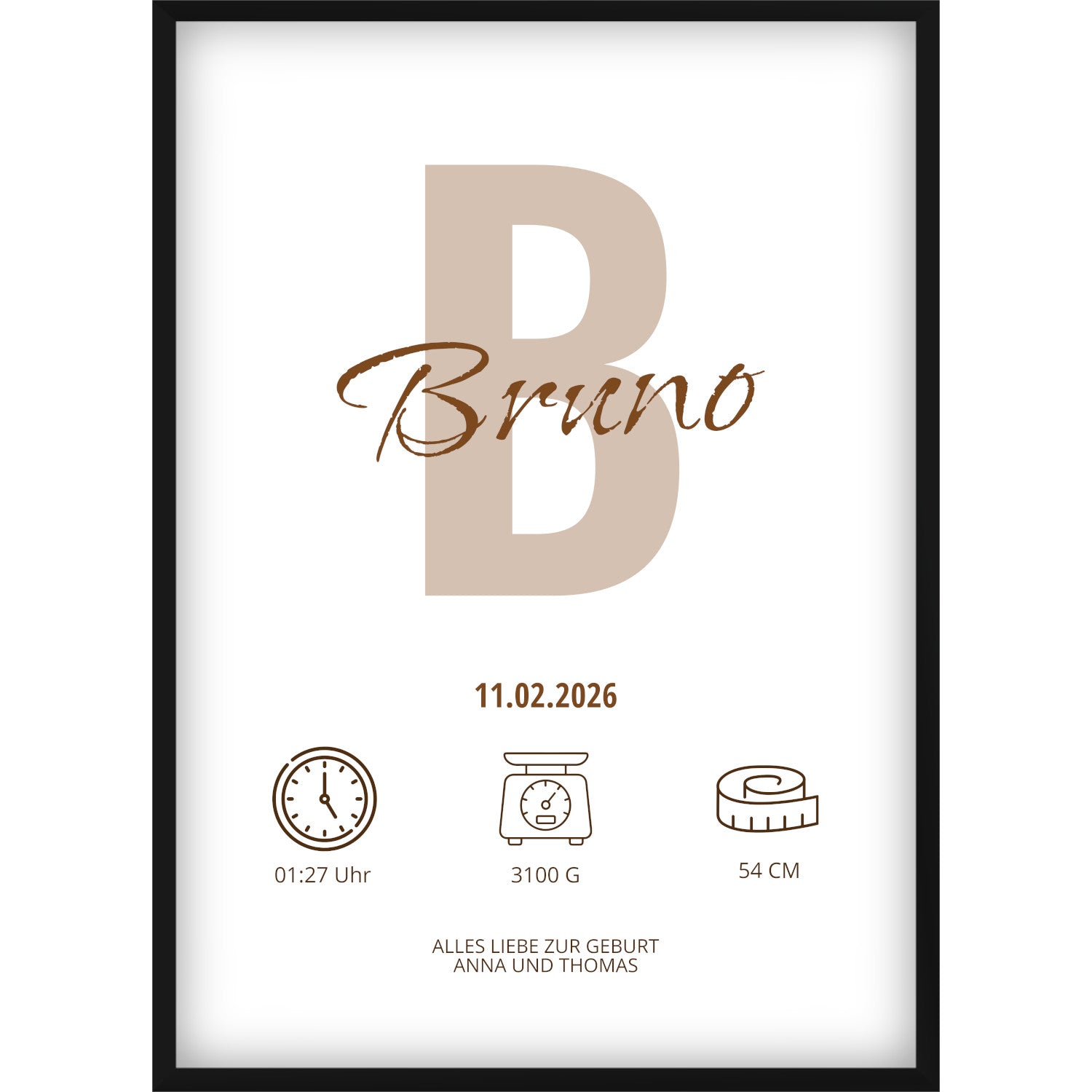 Personalisiertes Geburtsposter – Minimalistisches Design mit Name, Datum & Geburtsdaten in Beige/Braun