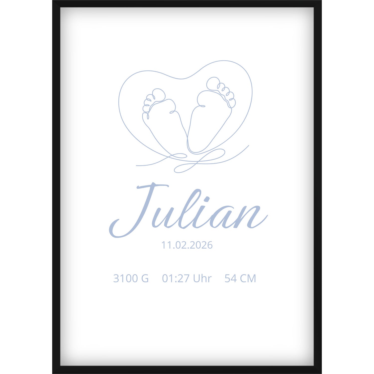 Personalisiertes Geburtsposter mit Babyfüßen – Line Art Herz Design, Name & Geburtsdaten in Blau