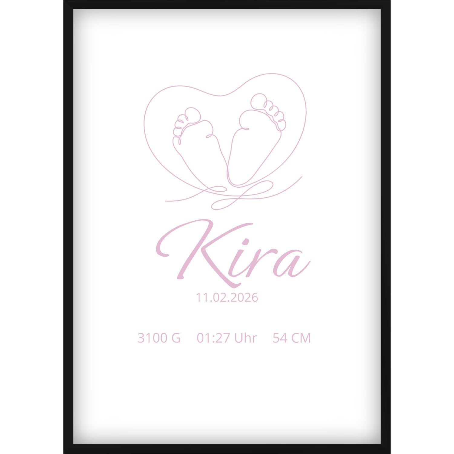 Personalisiertes Geburtsposter mit Babyfüßen – Line Art Herz Design, Name & Geburtsdaten in Rosa