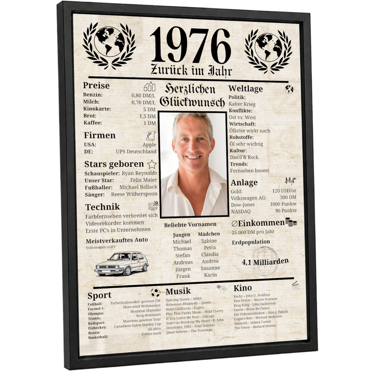 Personalisiertes Poster zum 50. Geburtstag Geschenk – Zeitung 1976 mit eigenem Foto & Name
