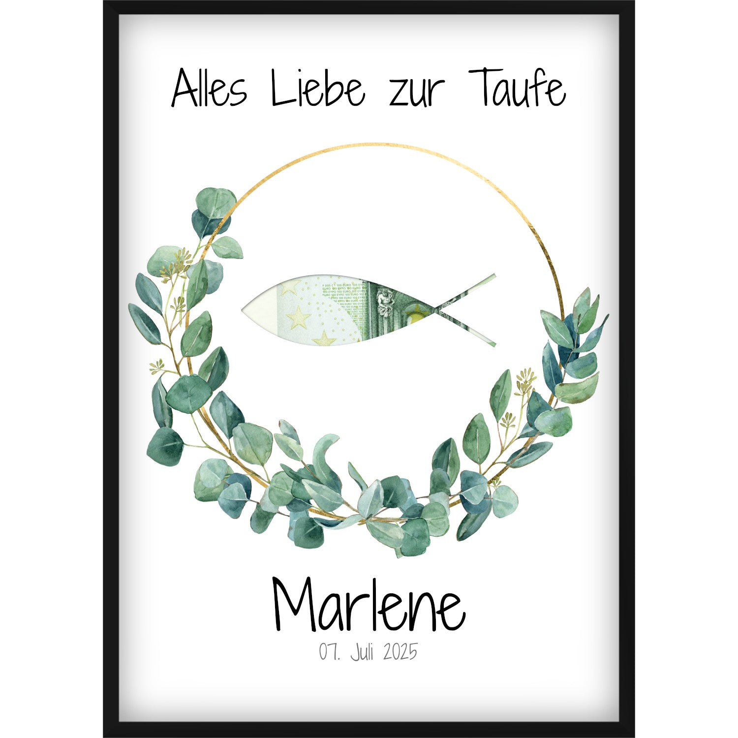 Geldgeschenk Taufe Bild mit Fisch-Ausschnitt, Personalisiert mit Name & Datum, Eukalyptus Kranz, Geschenk Taufpaten,