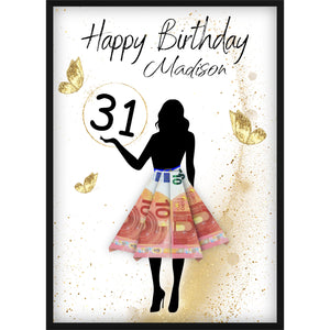 Geldgeschenk zum Geburtstag – Stilvolle Frauen-Silhouette mit Wunschname & Alter