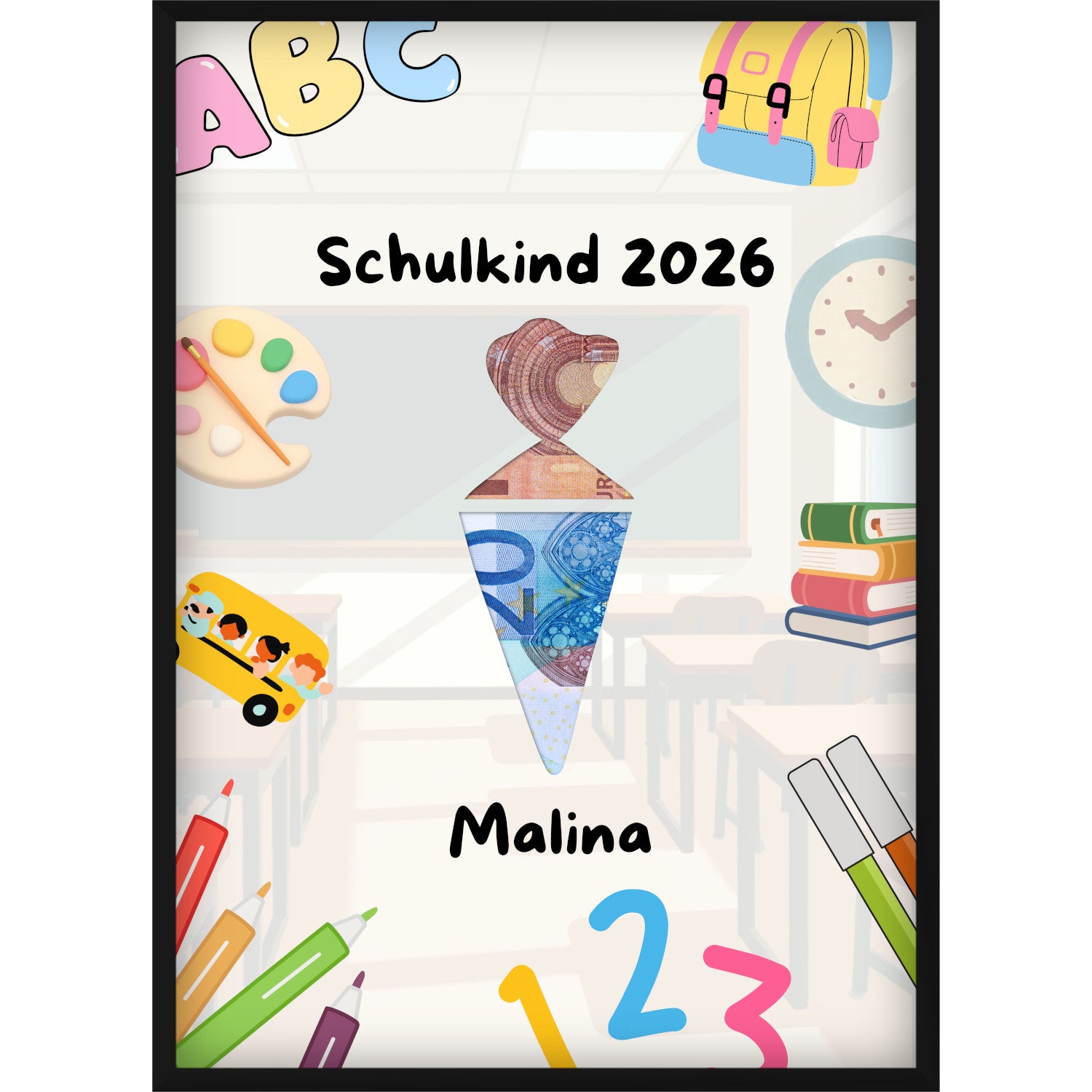 Personalisierte Schultüte Einschulung 2026 mit Name, Geldgeschenk zur Schuleinführung als Poster im Bilderrahmen