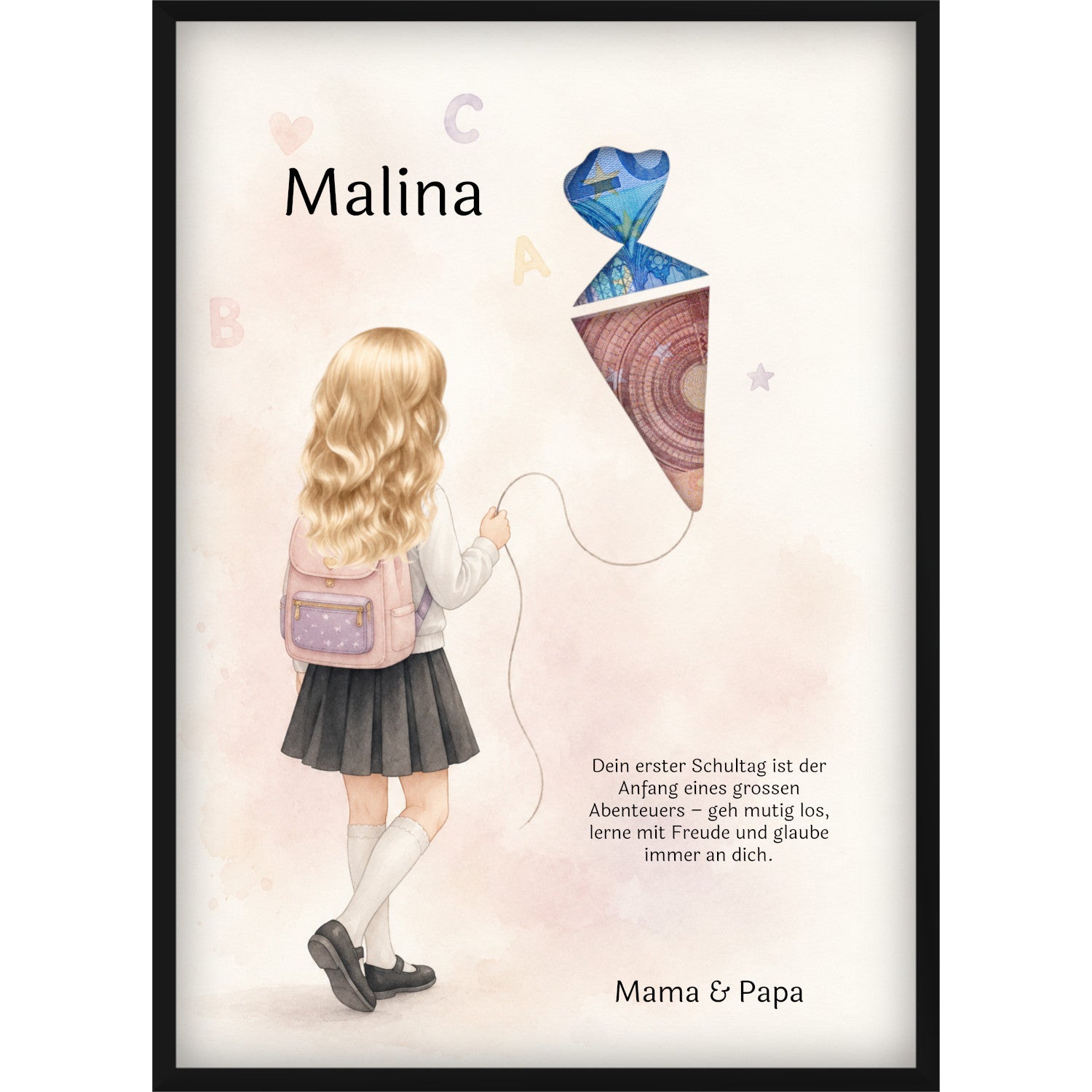Geldgeschenk zur Einschulung - Mädchen - personalisierbar mit Schultüte, Name, Widmung und Frisur, Geschenk zum Schulanfang