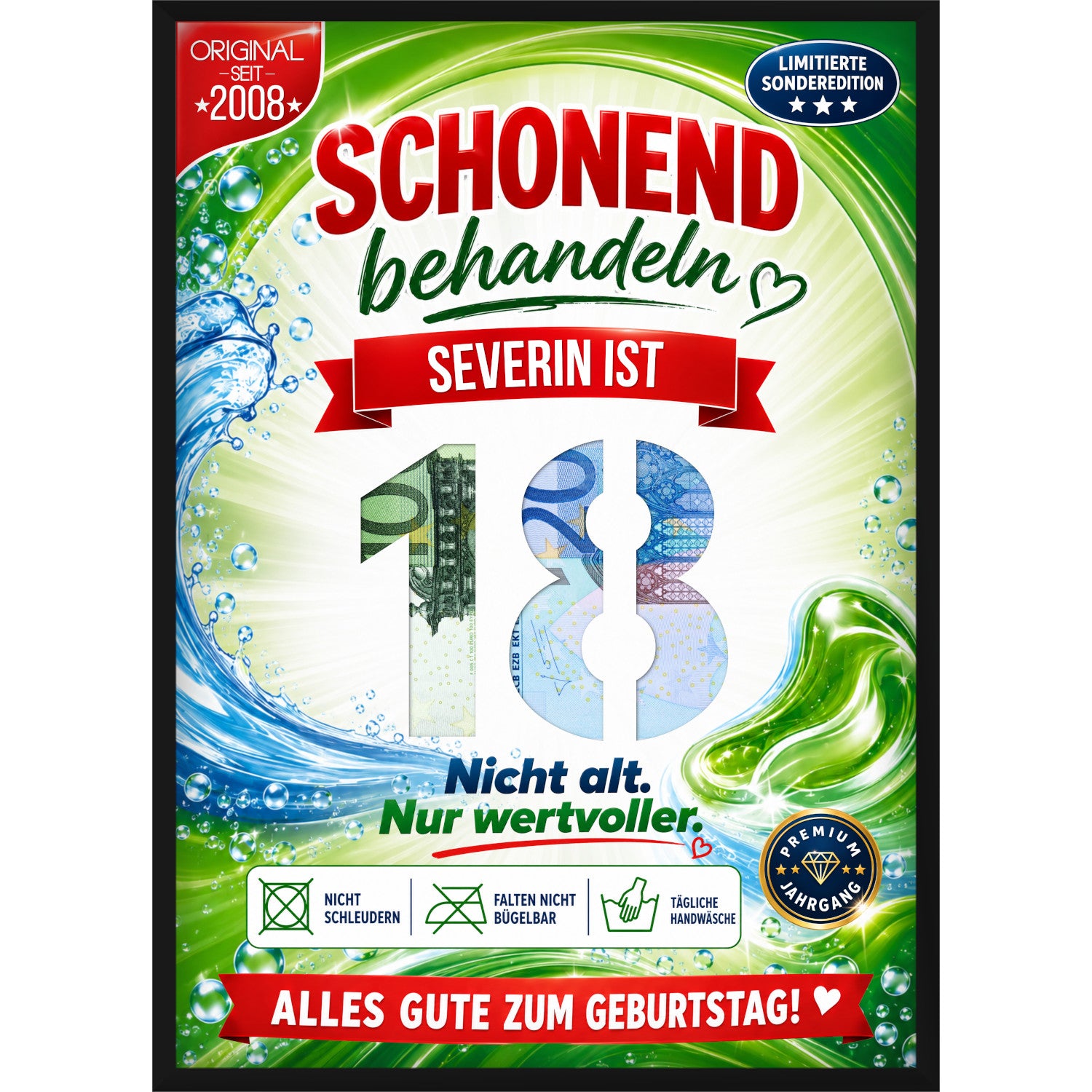 Personalisiertes Geldgeschenk zum 18. Geburtstag im Waschmittel-Design mit Wunschname und ausgestanzter Zahl