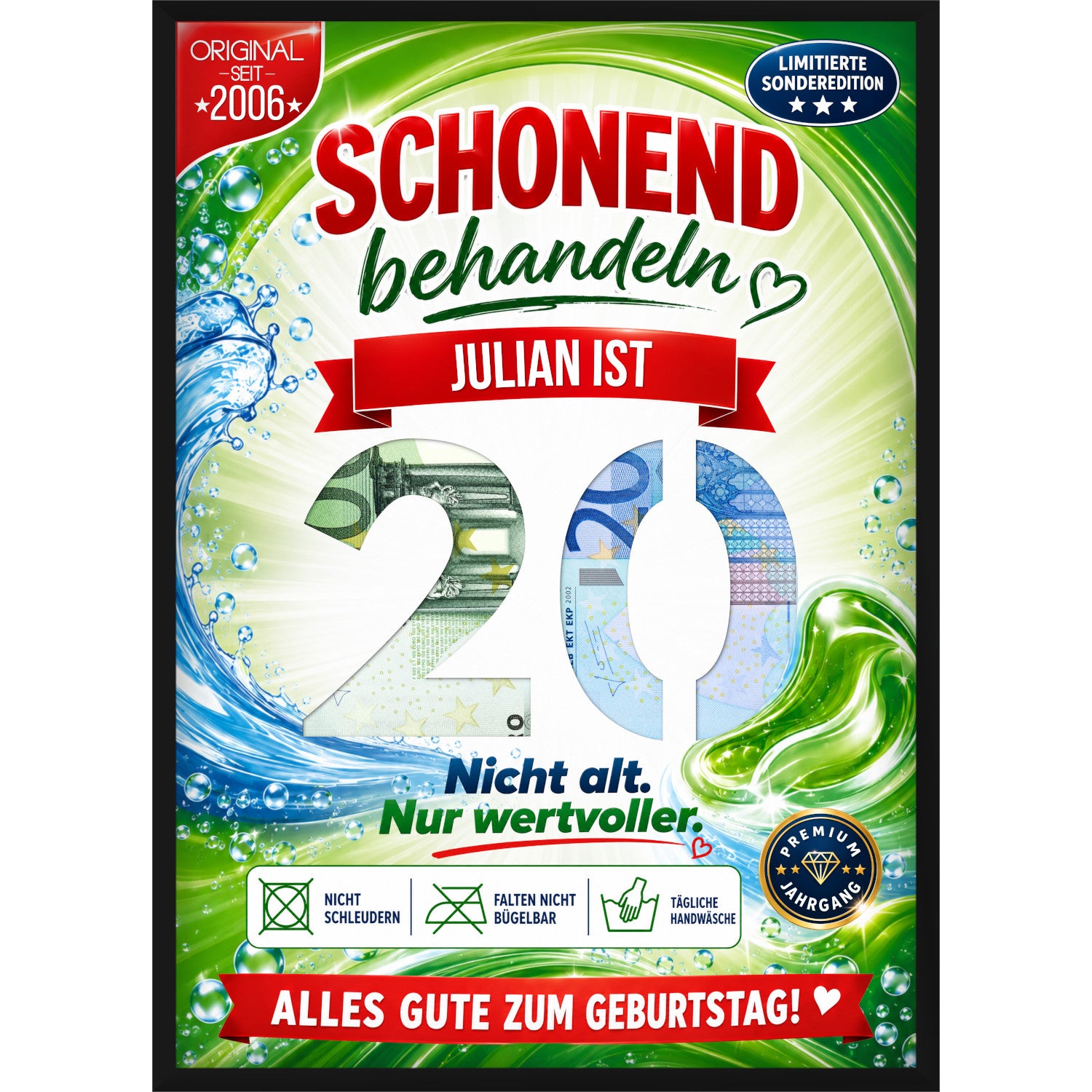 Personalisiertes Geldgeschenk zum 20. Geburtstag im Waschmittel-Design mit Wunschname und ausgestanzter Zahl