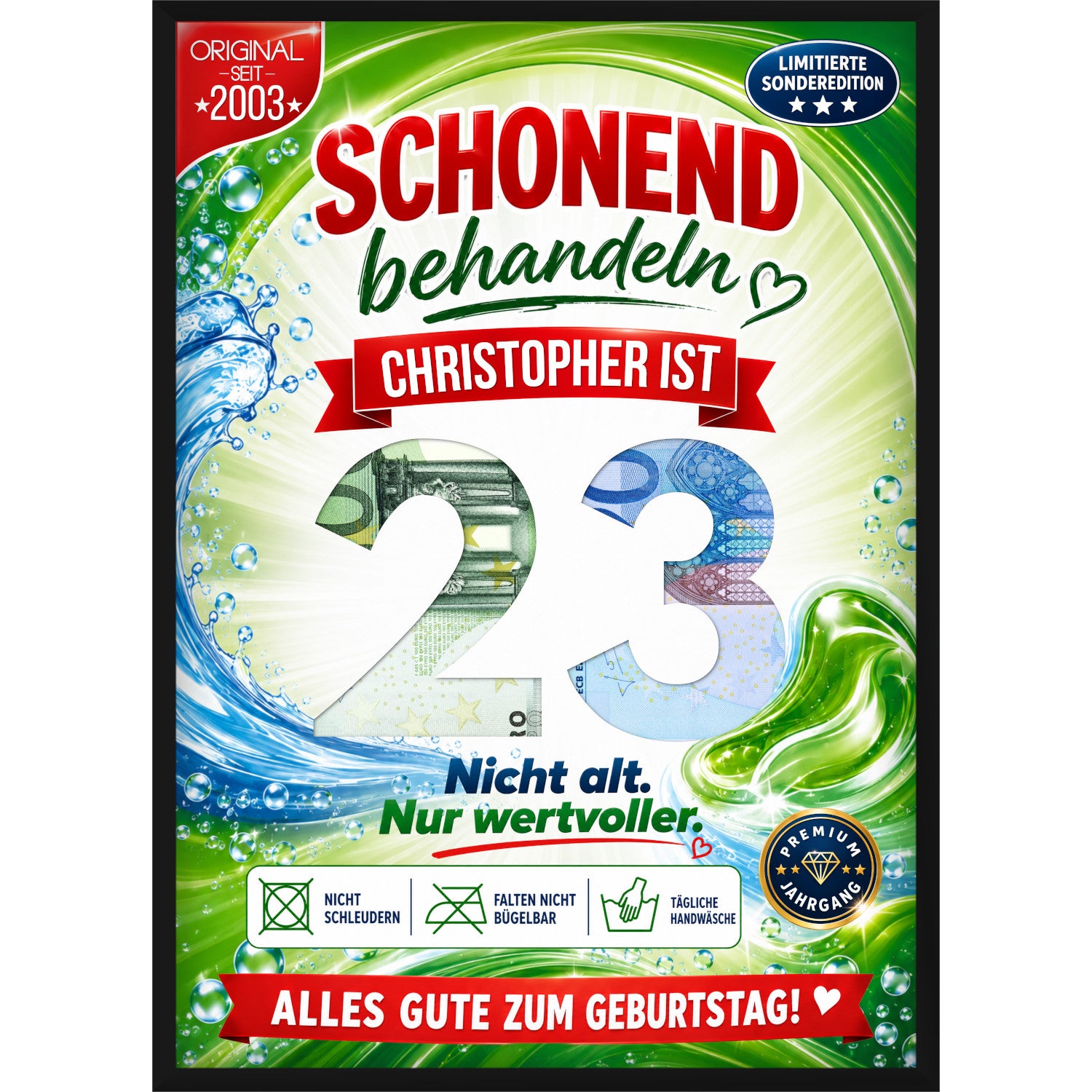 Personalisiertes Geldgeschenk zum 23. Geburtstag im Waschmittel-Design mit Wunschname und ausgestanzter Zahl