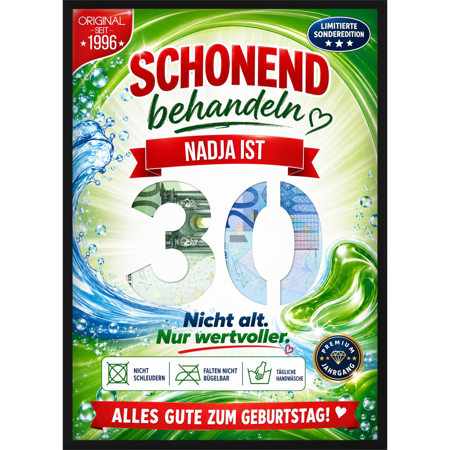 Personalisiertes Geldgeschenk zum 30. Geburtstag im Waschmittel-Design mit Wunschname und ausgestanzter Zahl