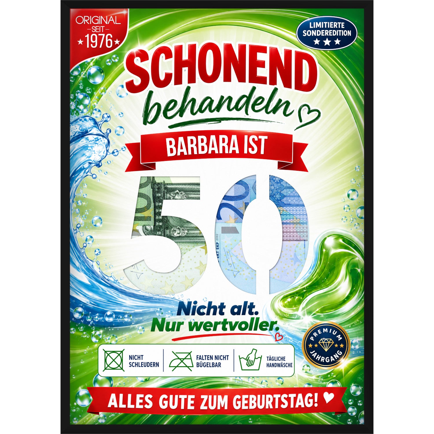 Personalisiertes Geldgeschenk zum 50. Geburtstag im Waschmittel-Design mit Wunschname und ausgestanzter Zahl
