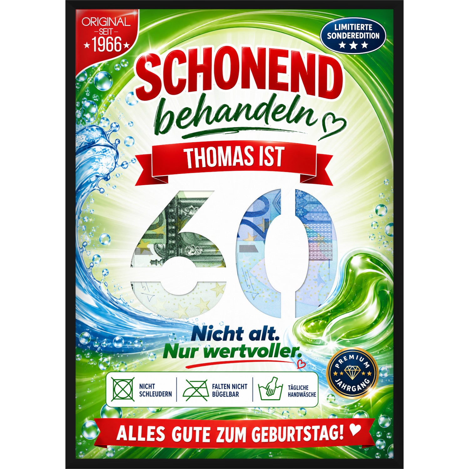 Personalisiertes Geldgeschenk zum 60. Geburtstag im Waschmittel-Design mit Wunschname und ausgestanzter Zahl