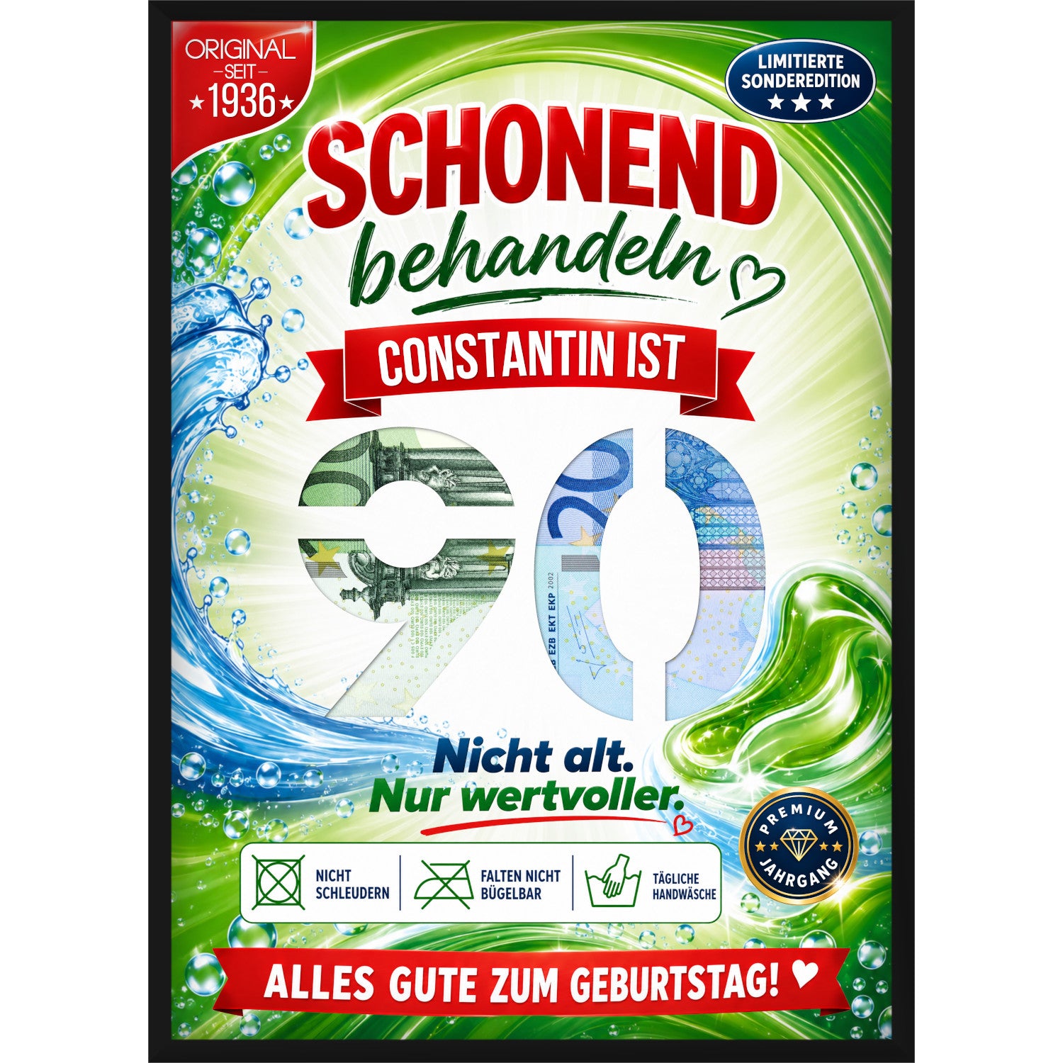 Personalisiertes Geldgeschenk zum 90. Geburtstag im Waschmittel-Design mit Wunschname und ausgestanzter Zahl